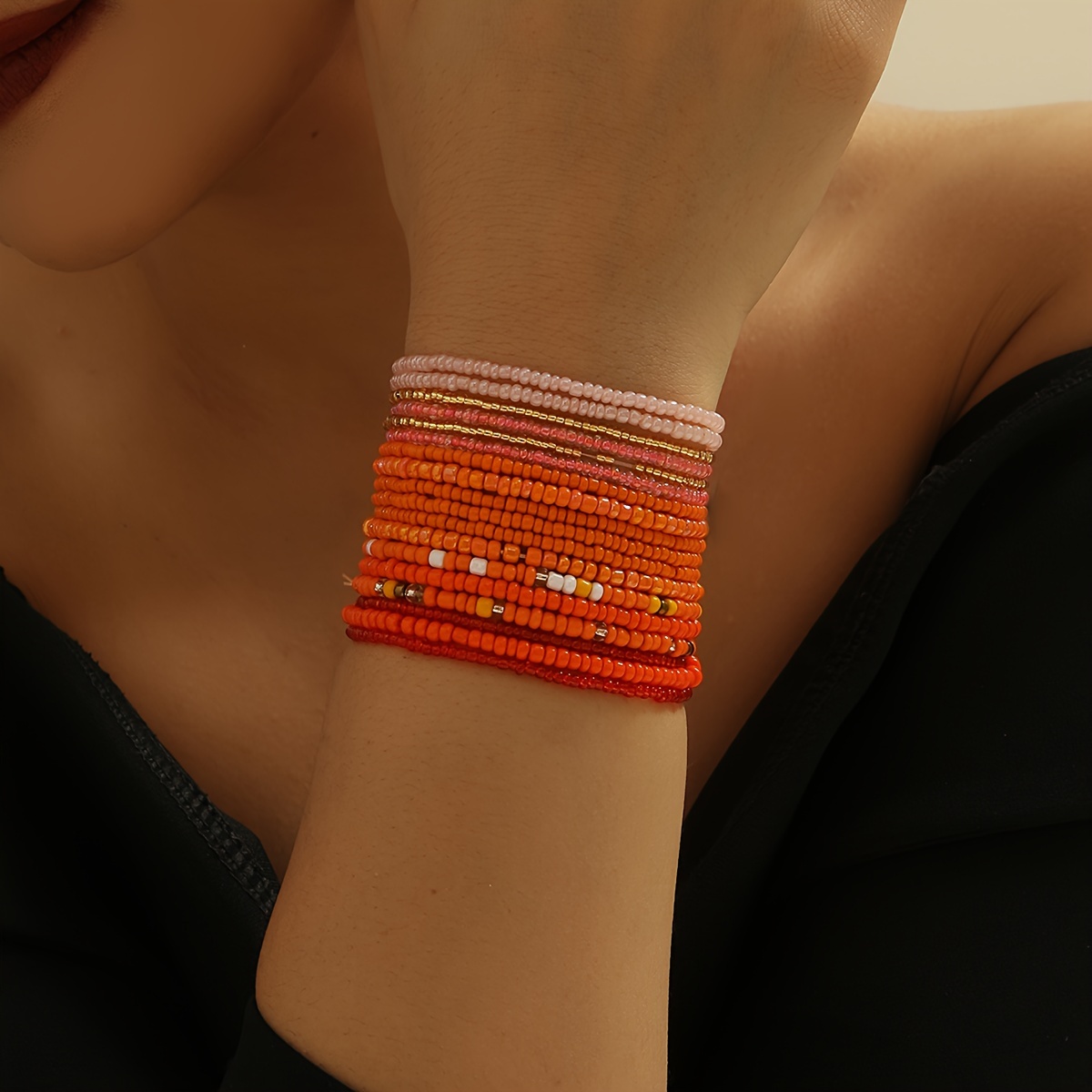 

18-piece Bohemian Orange Gradient Beaded Bracelets Set, Adjustable Size For Female, Beach Vacation Style, Music Festival Party Accessories, Versatile & Simplistic Design