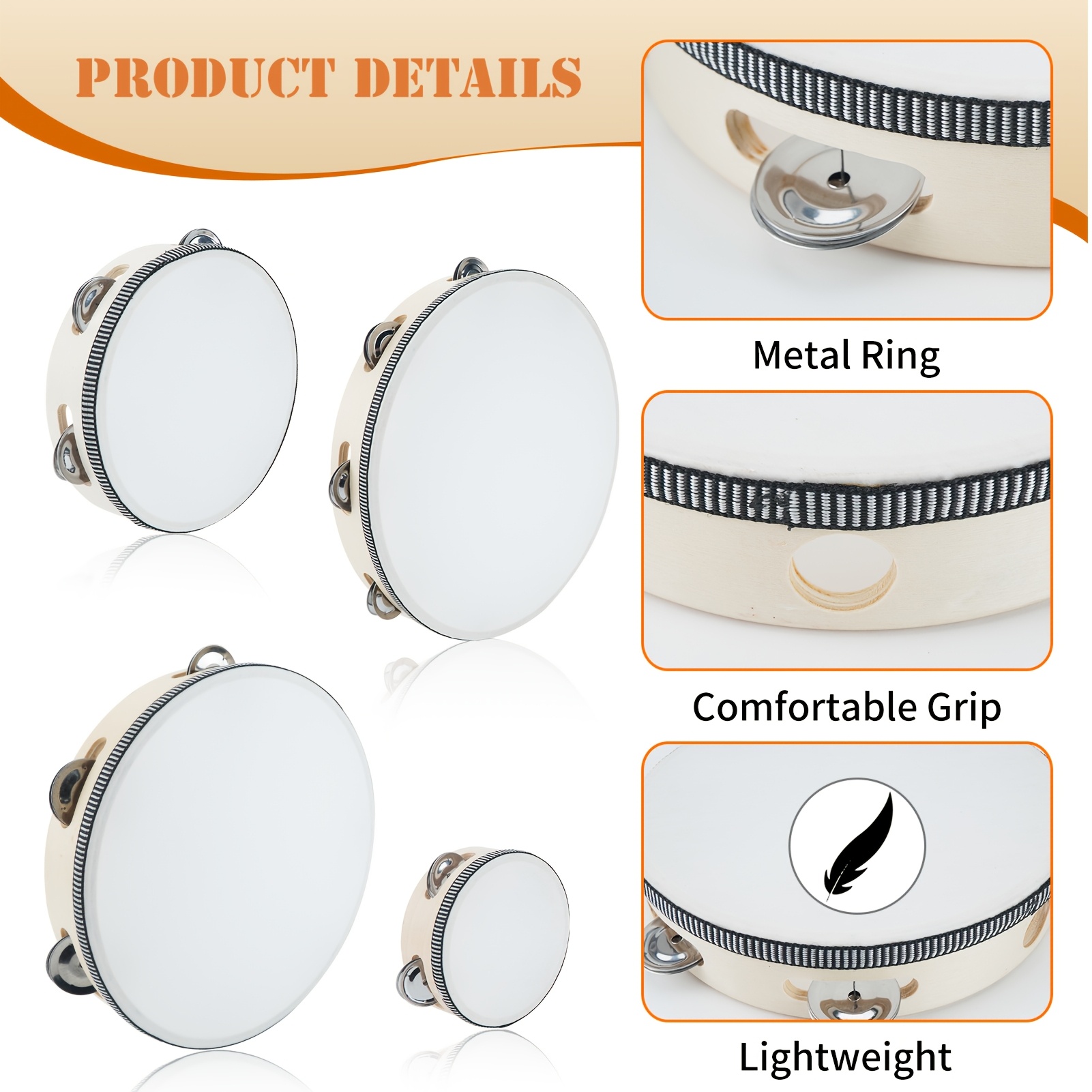 1pc Wood Handheld Tambourine, Single Row Metal Jingles, Percussion Musical Instrument for Church, KTV, Party, Game