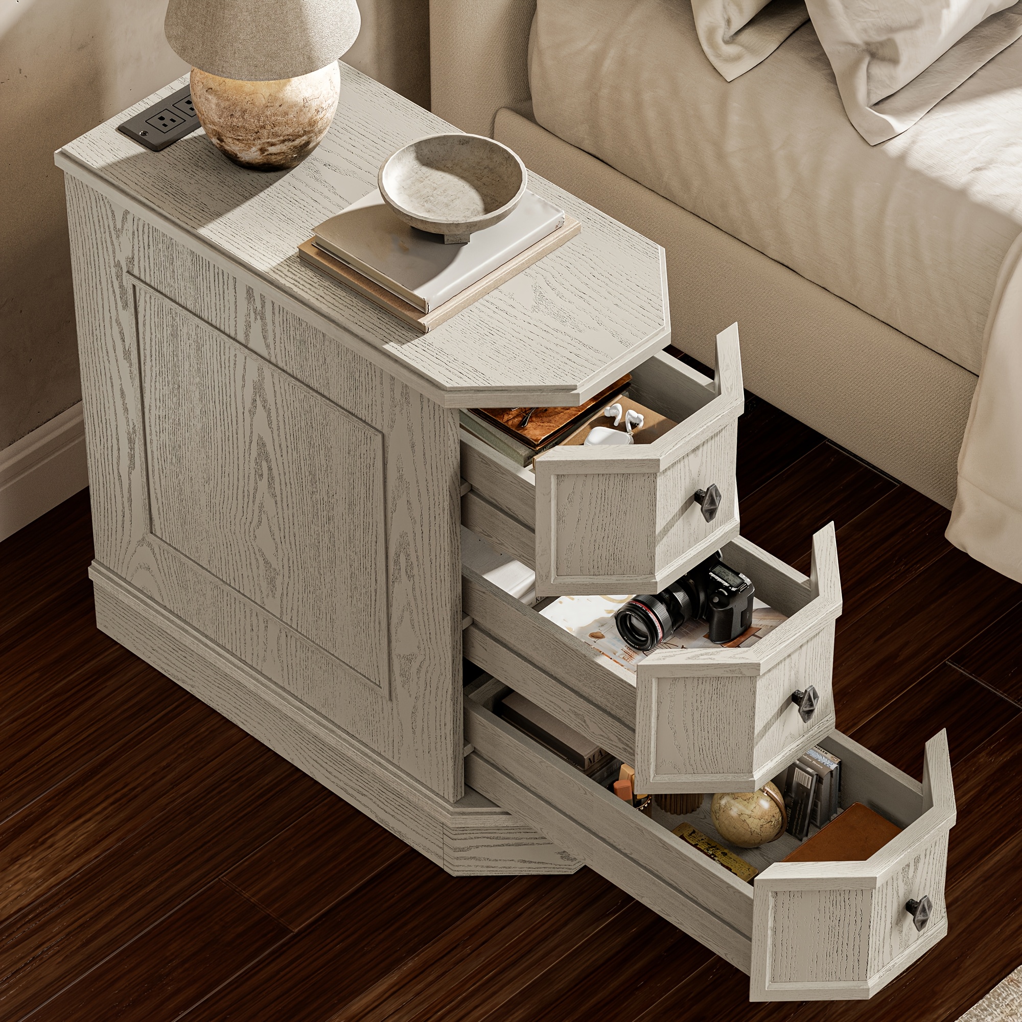 Victoria Narrow 3-Drawer Nightstand with Charging Station & Type-C