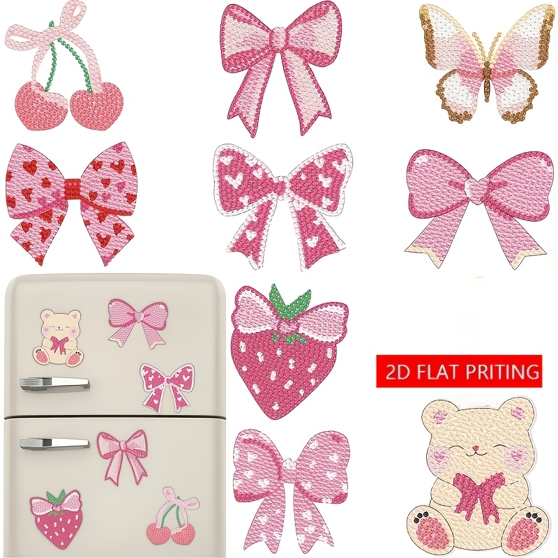 TEMU 2d Flat Printing 9pcs Diamond Painting Magnet Kit Pink Refrigerator Magnet Stickers Painting Gemstone Painting Kit Suitable For Beginners Adult