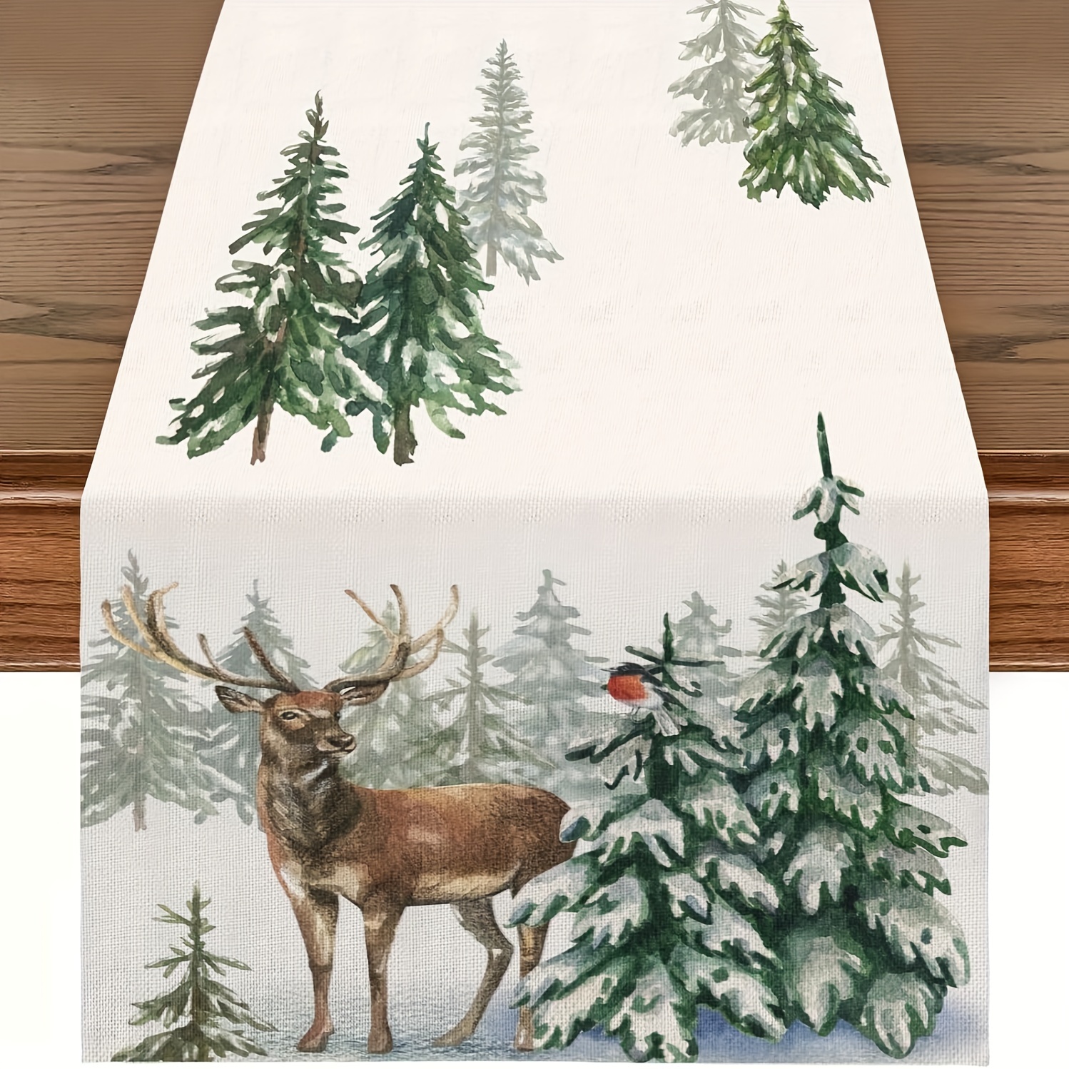 

Linen Christmas Table Runner - Woven Rectangle Festive Reindeer And Tree Design For Holiday Dining Decor, 100% Linen Fabric, Suitable For Parties And Kitchen Decoration - Available In Multiple Sizes