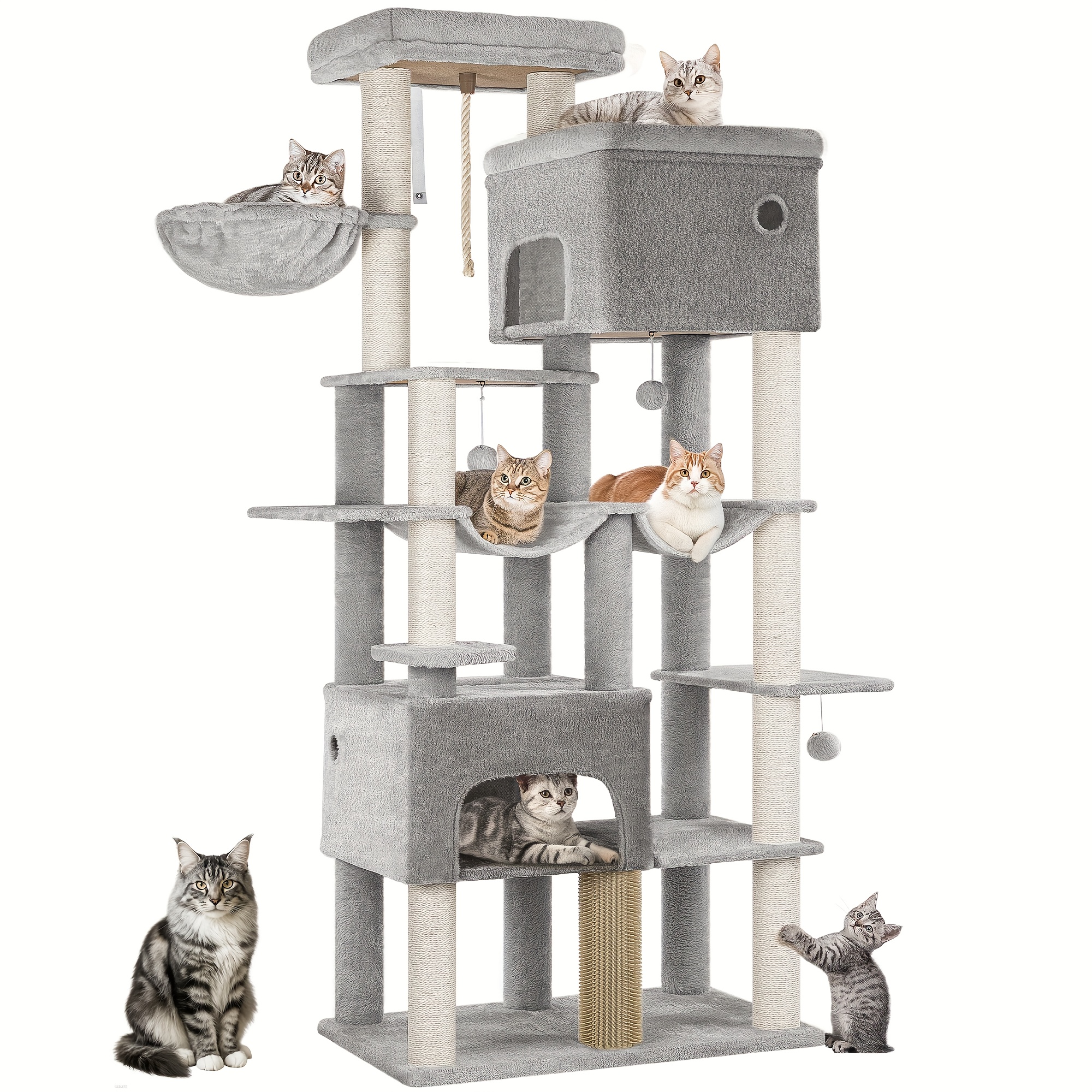 E-shop Kratzbaum, 200cm XXL Kratzbaum mit 10 Kratzsäulen, 2 , 2 Hängematten, großer Plattform, Katzenbürsten, Korb – Stabiler Baum für Maine Coon
