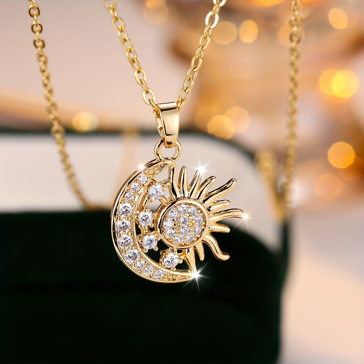 

Inlaid Shiny Zircon Moon Sun Pendant Necklace Bling Bling Copper Neck Chain Jewelry For Party Daily Wear