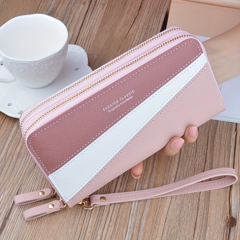 -block Women' Purse, Three-color Contrast Stitching Double-zipper Wallet, Lightweight Wristlet Clutch Bag, Can Hold Phones, , Banknotes, Lipsticks, Etc., Suitable For Women.