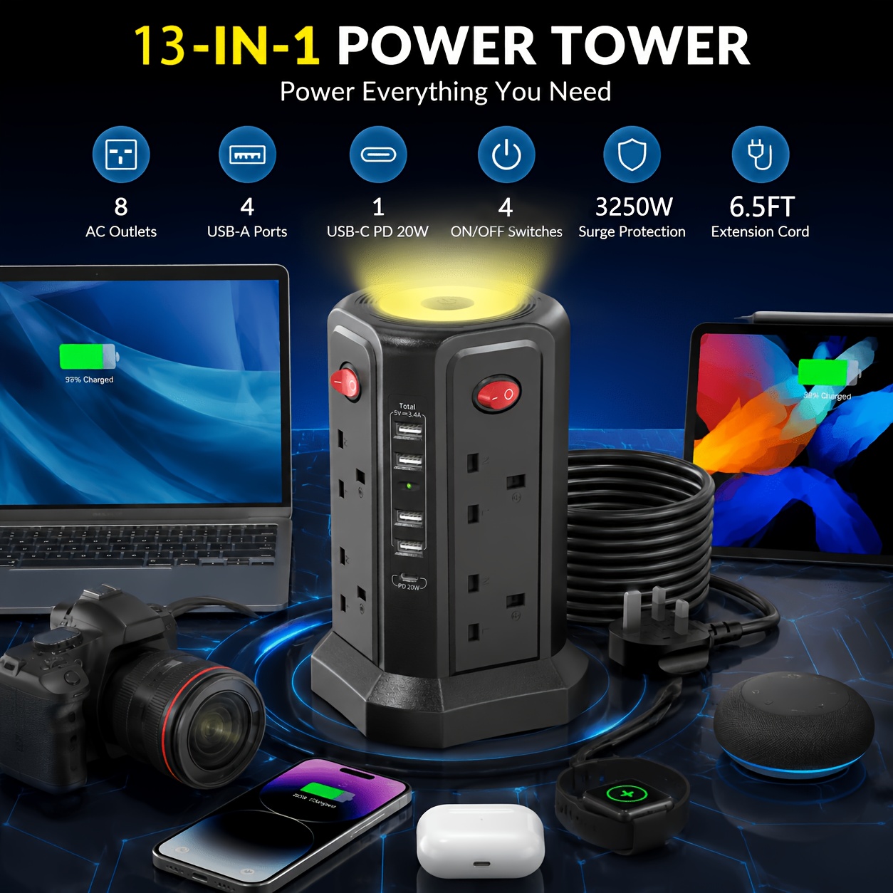 TEMU Tower Extension With Usb Slots, 17in 1/13in 1 Extension Socket, 8/12 Ac Outlets, 4 Usb-a & 1 Usb-c Pd 20w/pd 18w, Protection, 2m Extension Cord,