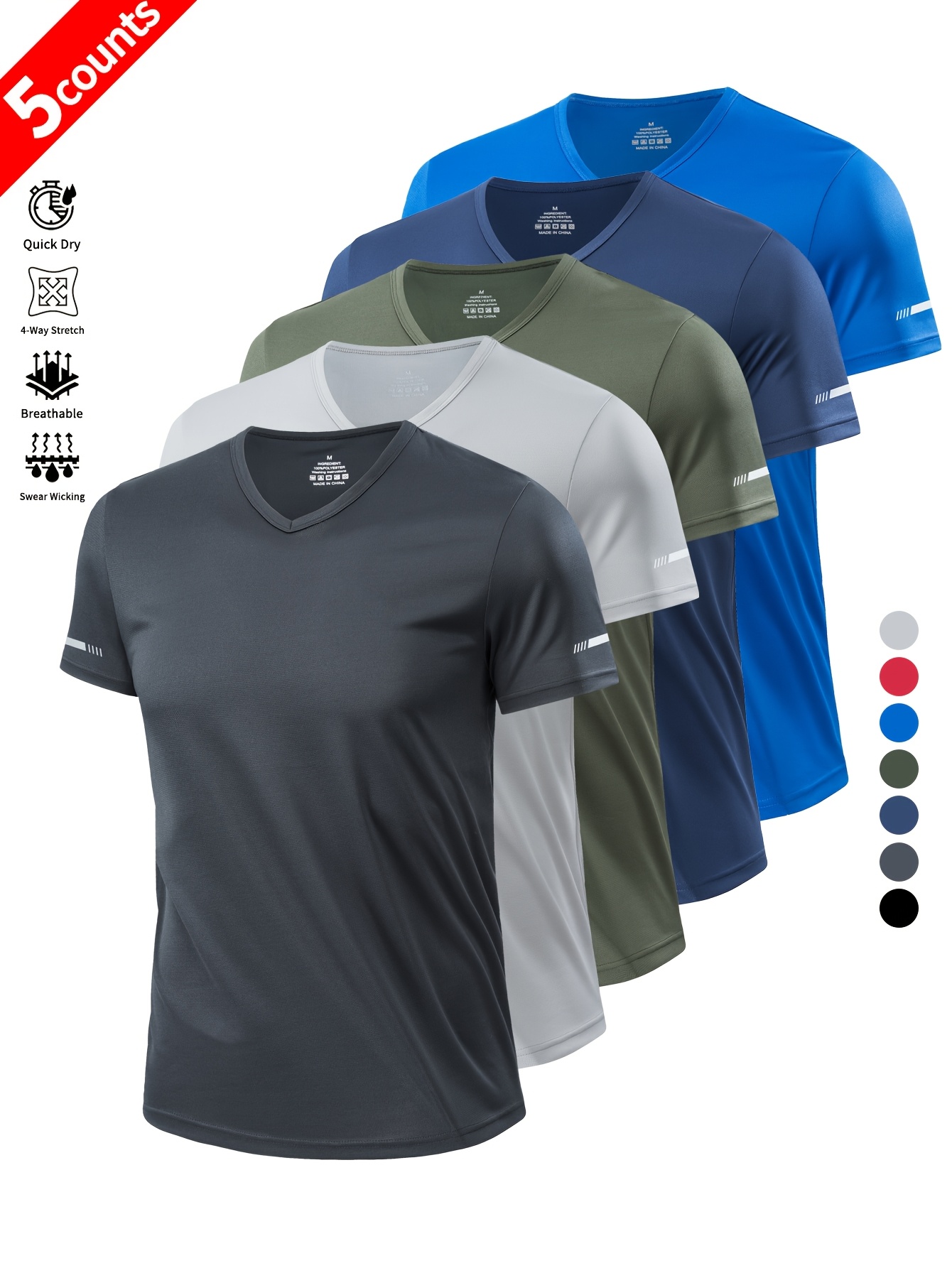 5 stück herren leichte atmungsaktive v-ausschnitt sport-t-shirts - schnelltrocknend, feuchtigkeitsableitende kurzarm-sportshirts für golf, angeln, fitnessstudio, laufen & freizeitkleidung (rot, blau, schwarz, grau, dunkelblau) | sportliche aktivbekleidung | atmungsaktives gewebe, sportshirt