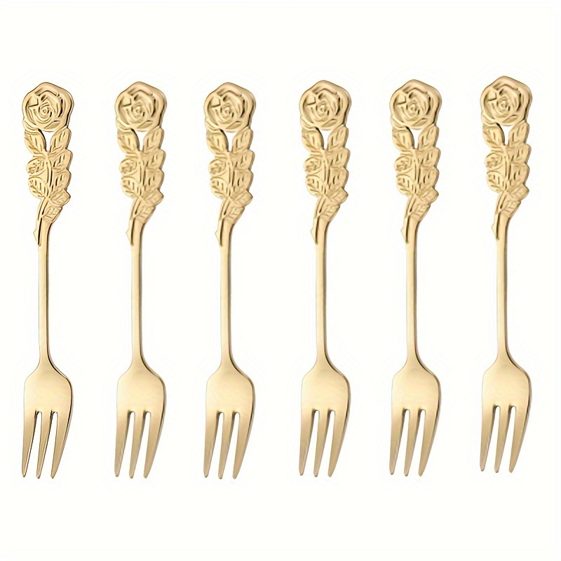 E-shop 6-teiliges Set, Kreativer Rosenstiel-Gabel aus Edelstahl, Obstgabel, Dessertgabel, Kaffee-Rührgabel, Romantisches Geschirr, Hochzeitsgeschenk,