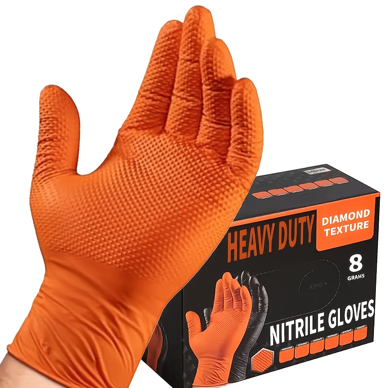heavy duty 10g disposable orange diamond pattern nitrile gloves 10 mil thick raised diamond texture powder free and latex free suitable for automotive outdoor kitchen and household cleaning use