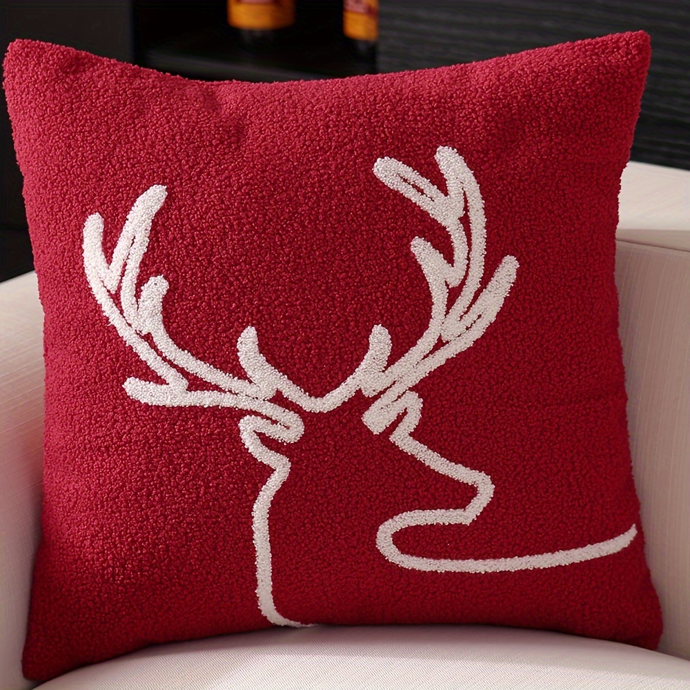 1pc Christmas Red Reindeer Pillowcase, Simple Plush Christmas Decorative Pillowcase, Machine Washable With Zipper, Durable Cushion Cover
