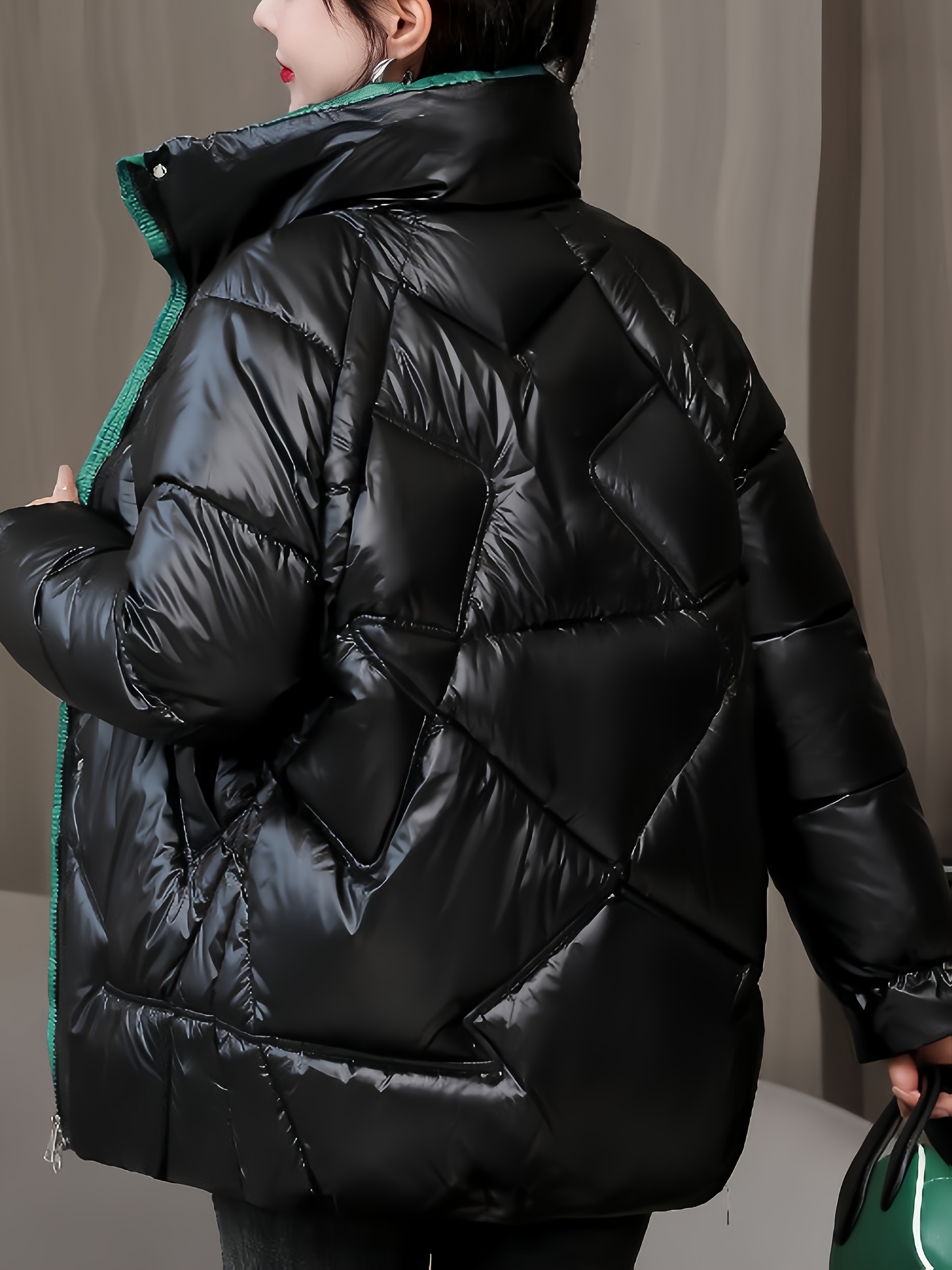 ζακέτα για γυναίκες για το χειμώνα - στυλική μαύρη εξωτερική στολή με πράσινο κομμάτι, θερμή και ελεύθερη, μακρύς σωλήνας, κλείσιμο με ζιπ, κασουλ κορεατικός στυλ, χειμωνιάτικη ζακέτα | στυλική χειμωνιάτικη ζακέτα | ζακέτα με ζιπ Στοιχεία είδους 0