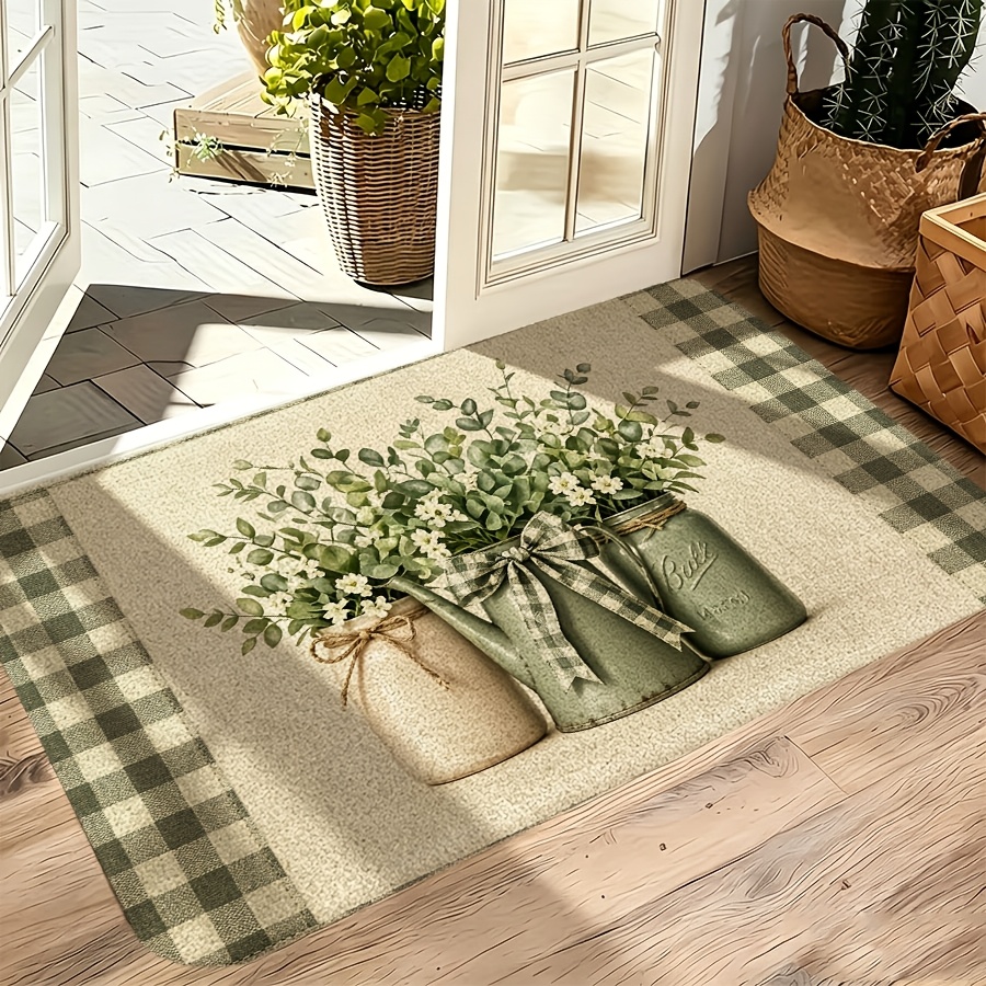 TEMU 1pc Country Style Green Plant Floral Kitchen Mat, Durable And Machine Washable Non-slip Floor Mat, Suitable For Living Room, Bedroom, Office,