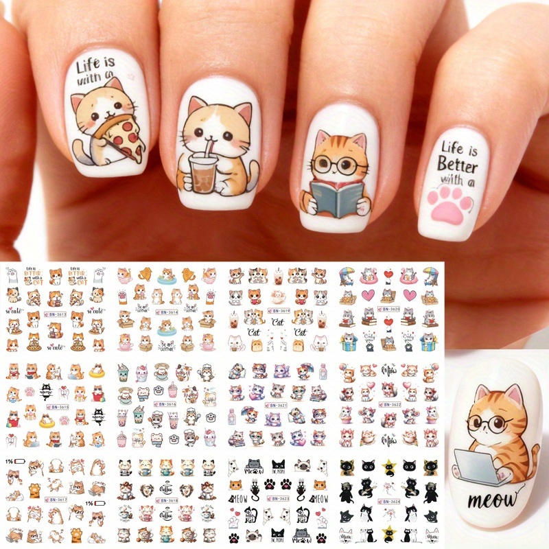 Image of -style Nail Water Transfer Sticker, Cute Cat Heart Pattern Diy Nail Art Decoration, Nail Art Sticker Decals, Suitable For Valentine's Day And Dates, Nail Art Supplies For Women And.