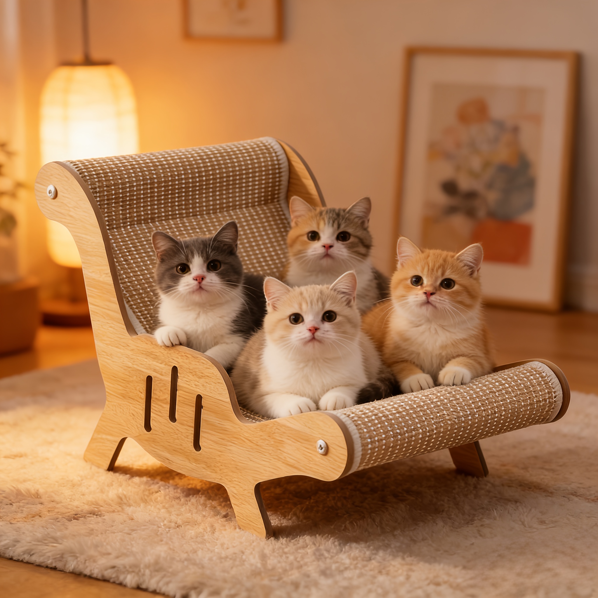 Image of Cat Multi-functional Cat Scratcher & Lounge Chair - Suitable For Small Animals & Dogs, Wood Furniture Protector With Scratching Post, Convertible Bed For Cats, Chair For Pets, Space- For Use
