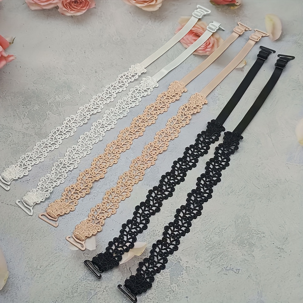 1 Pair Floral Bra Straps - Adjustable Replacement Shoulder Straps for Lingerie, Beige/White/Black with Metal Clasps, Polyester Fabric, Women's Fashion Accessories