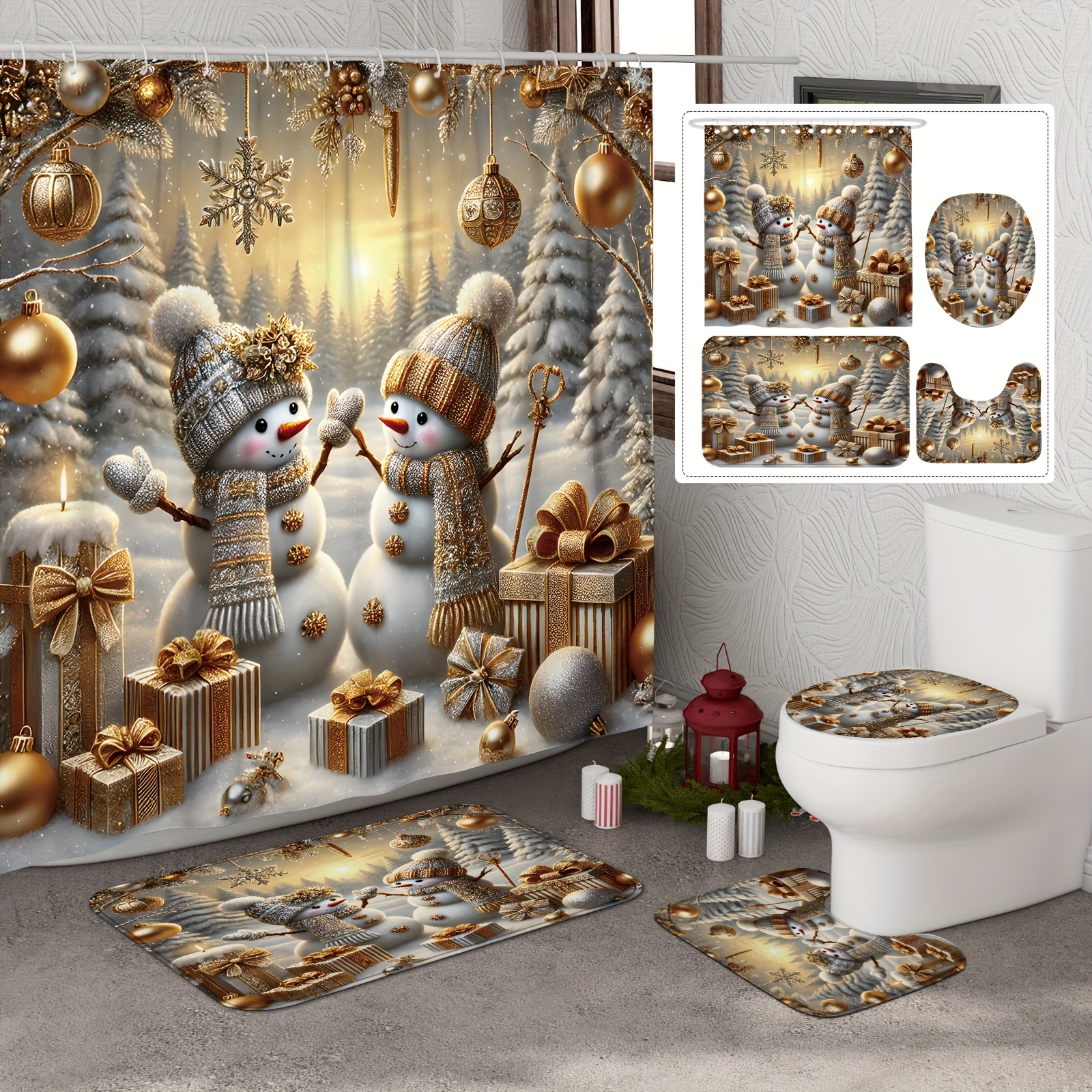 

[] 1/4pcs Christmas Curtain Set Snowman Christmas Curtain Polyester For Bathroom Ornaments 12hooks Bath Mat Lid Mat