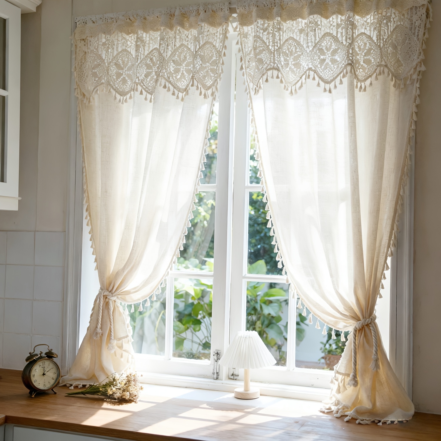 Image of 2pcs/set Double-layer Crochet Lace Tassel Sheer Curtains, Lace Trim Window Drapes, Imitation Hemp Material, Rod Pocket Hanging, For Kitchen, Bedroom, Door Vintage Boho Home Decor
