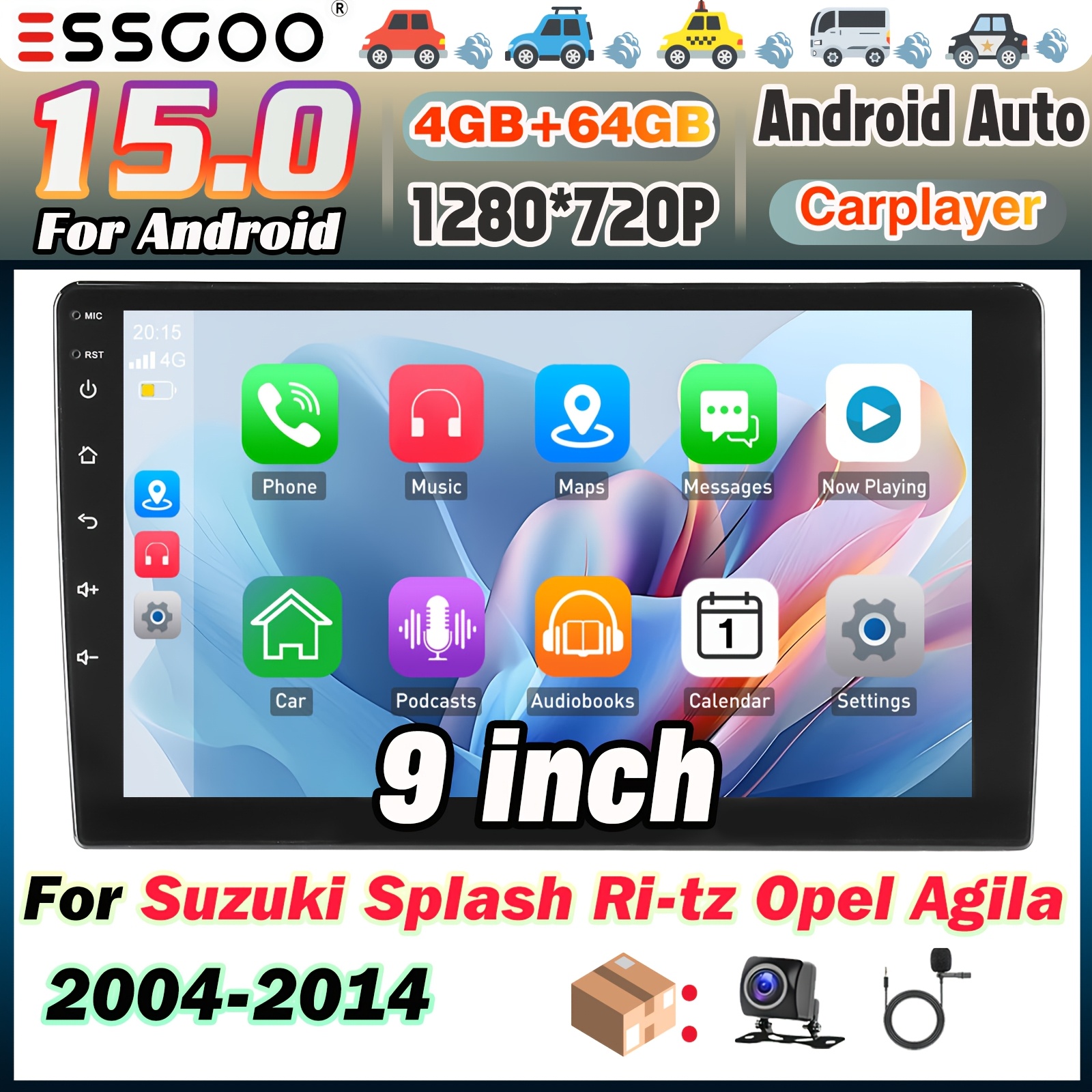 Image of Essgoo 4+64gb Car Stereo 15 Car Radio For Splash & 2004-2014, 9 Inch Hd Ips Display Touchscreen, & Auto, Auto Car Radio With Wireless Gps Navigation Wifi Connection, Fm/rds With Ahd
