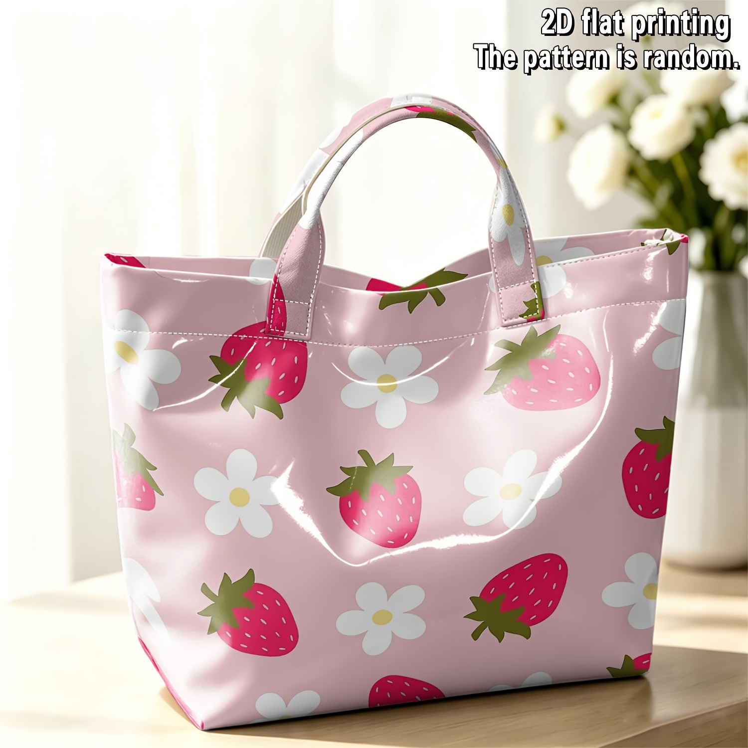 TEMU Women's Pvc Travel Tote Bag With Fresh Strawberry And Small Floral 2d Flat Print | Large Capacity Versatile High-end Handbag. Suitable For Daily