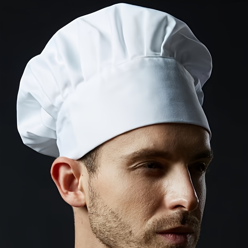 

Un chapeau de chef professionnel pour adulte, élastique ajustable, en polyester blanc, pour la cuisine et la pâtisserie, design respirant, largeur de 20 cm, hauteur de 10 cm.