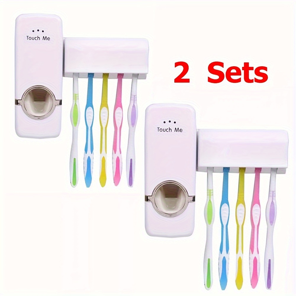 

Automatic Toothpaste Dispenser + 5 Toothbrush Holders Set, 2 Sets Of Wall-mounted Brackets, Wall-mounted Adhesive Type, To Drill Holes