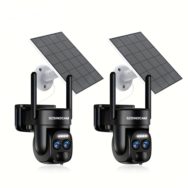 E-shop 2er-Set Sicherheitskamera mit Solarpanel, 3MP FHD PTZ-Überwachungssystem, Dual-Objektiv, 2,4G WLAN-Sportstrahler, Farb-Nachtsicht,