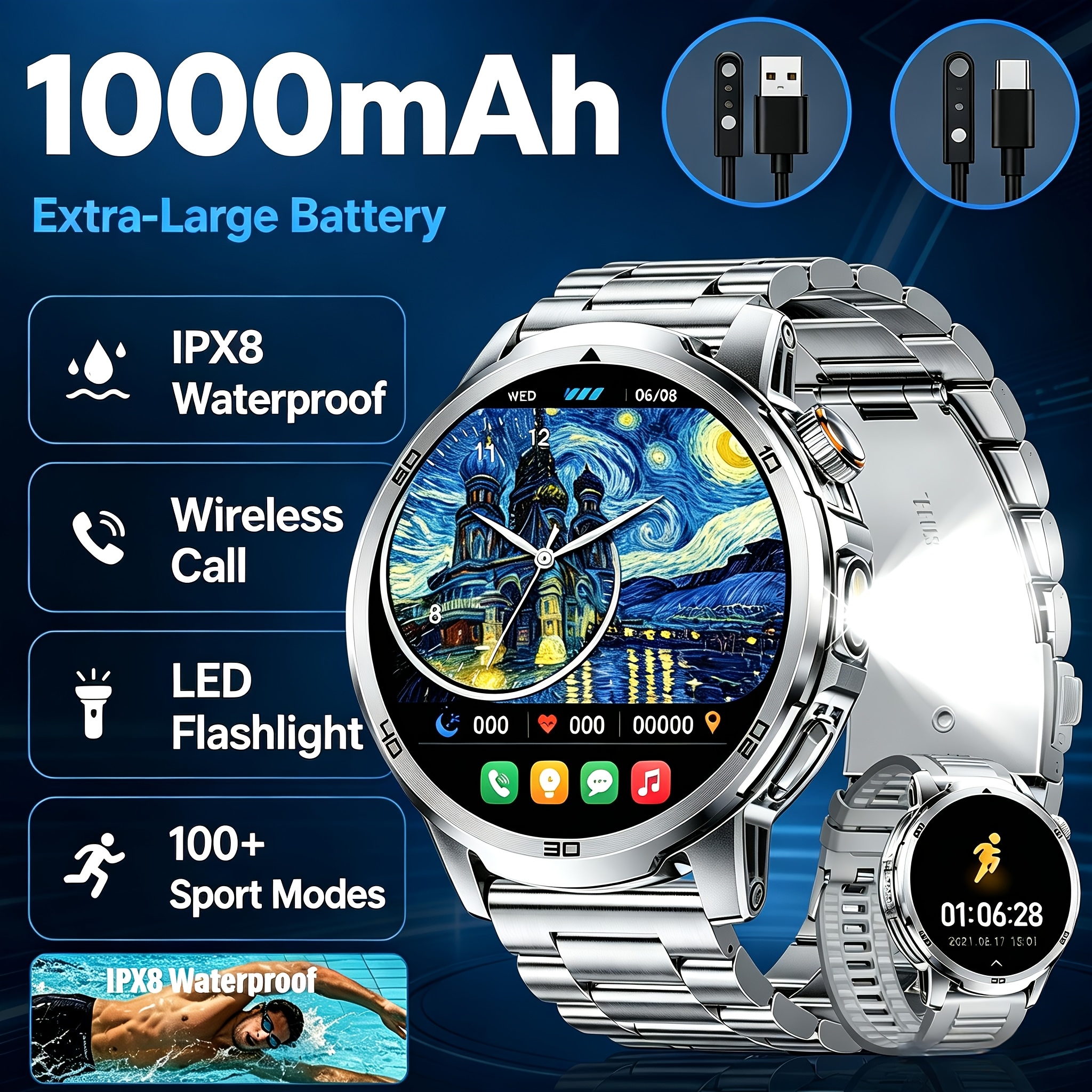 Image of Men Smart Watch For Iphone With Led Flashlight 1000mah Battery Watch Wireless Calls Ipx8 Waterproof 100 Watch
