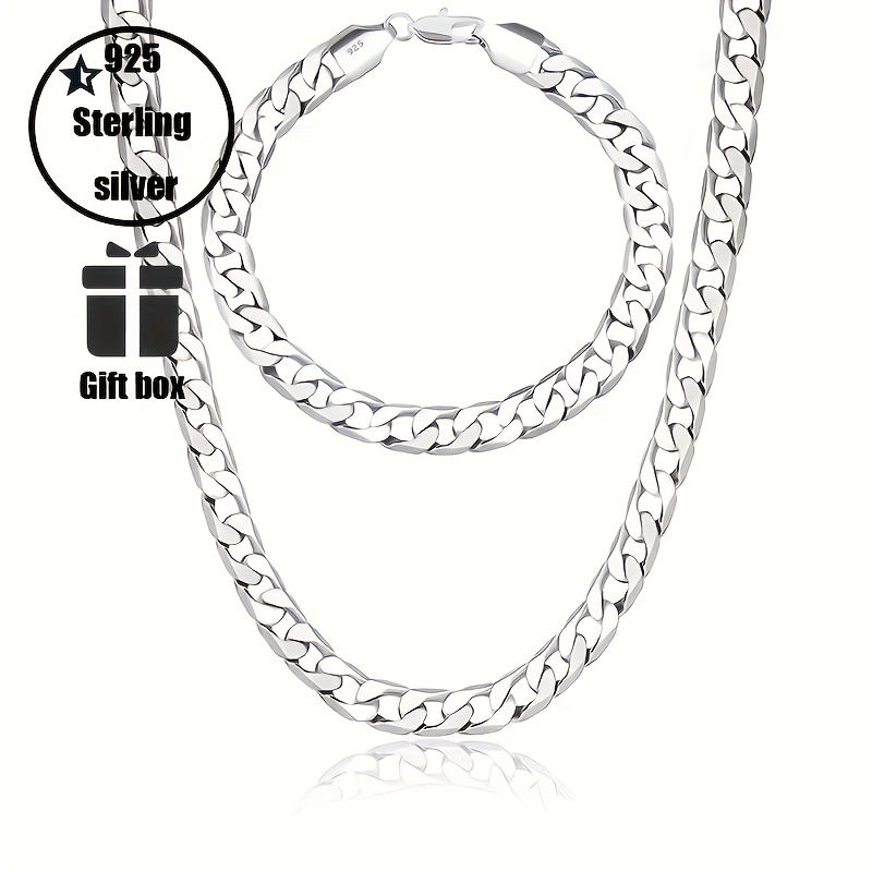 E-shop 925er Silber Mode Kette Zweiteiliges Set Herren Halskette Armband Männliche Reine Kette Valentinstag Valentinstagsgeschenk Vatertagsgeschenk mit