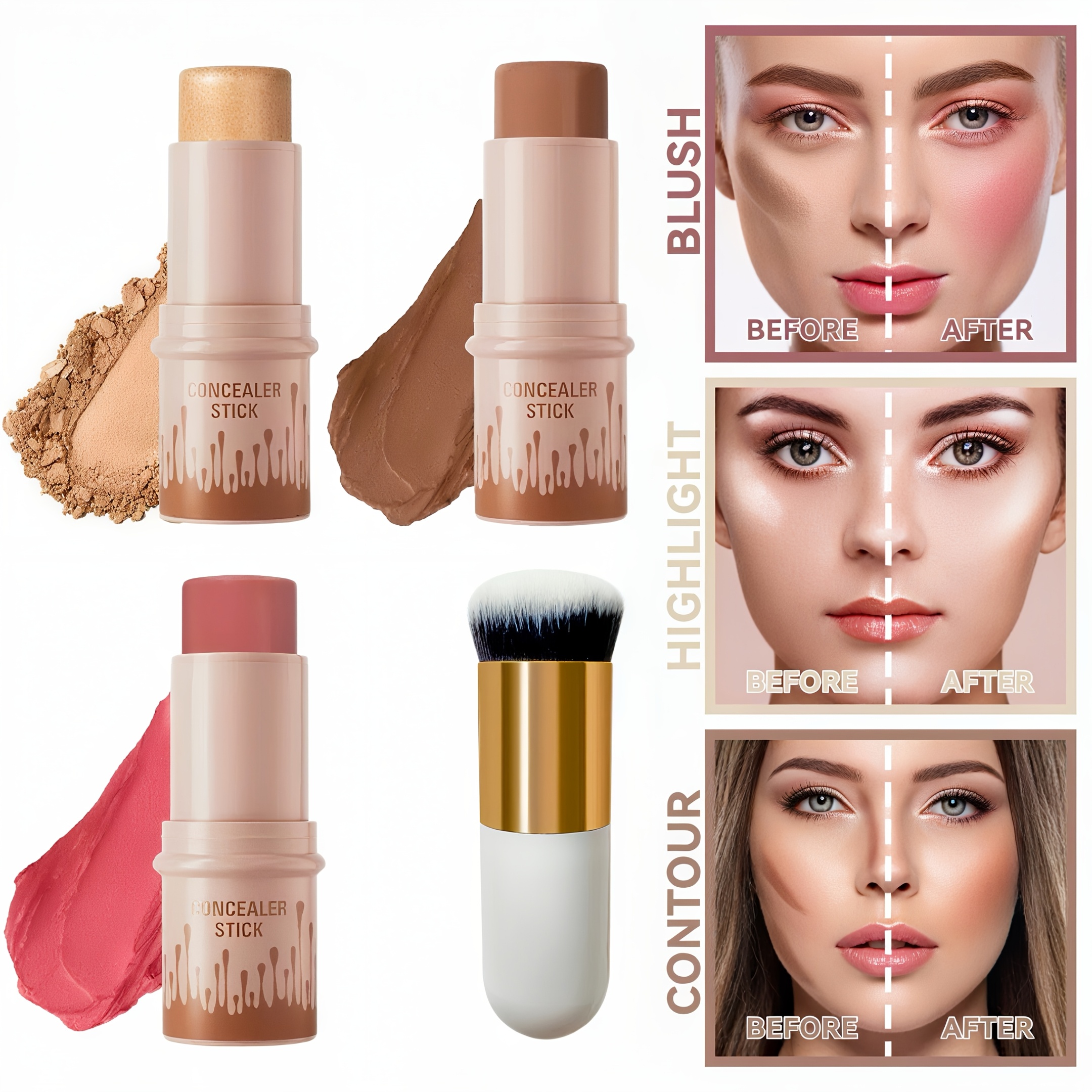 TEMU Contour Blush Highlighter Kit With Brush - Face Sculpting 3d Definition, Brightening, Waterproof Long-lasting Formula, Essential, Women's Christmas Gift Set