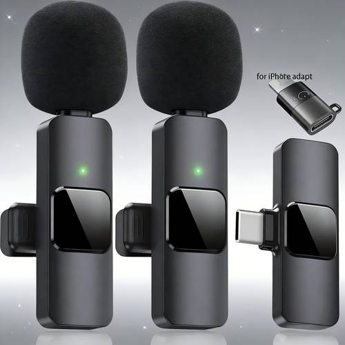 2 pack wireless lavalier mics w 1 adapter receiver phone 8hr battery active noise cancellation mini clip on portable plug and play for video recording tiktok live