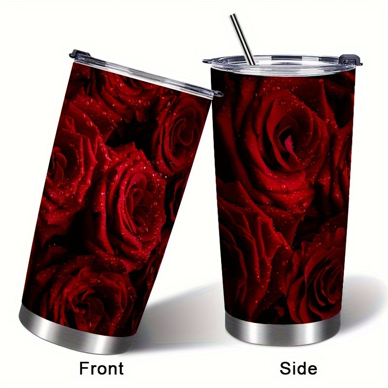 

1pc 20oz Red Rose Pattern Stainless Steel Tumbler Cup Straw Cup Car Cup Hot Drink Cup, Suitable For Leisure And Entertainment Home Sports, As A Gift For Loved Ones And Family