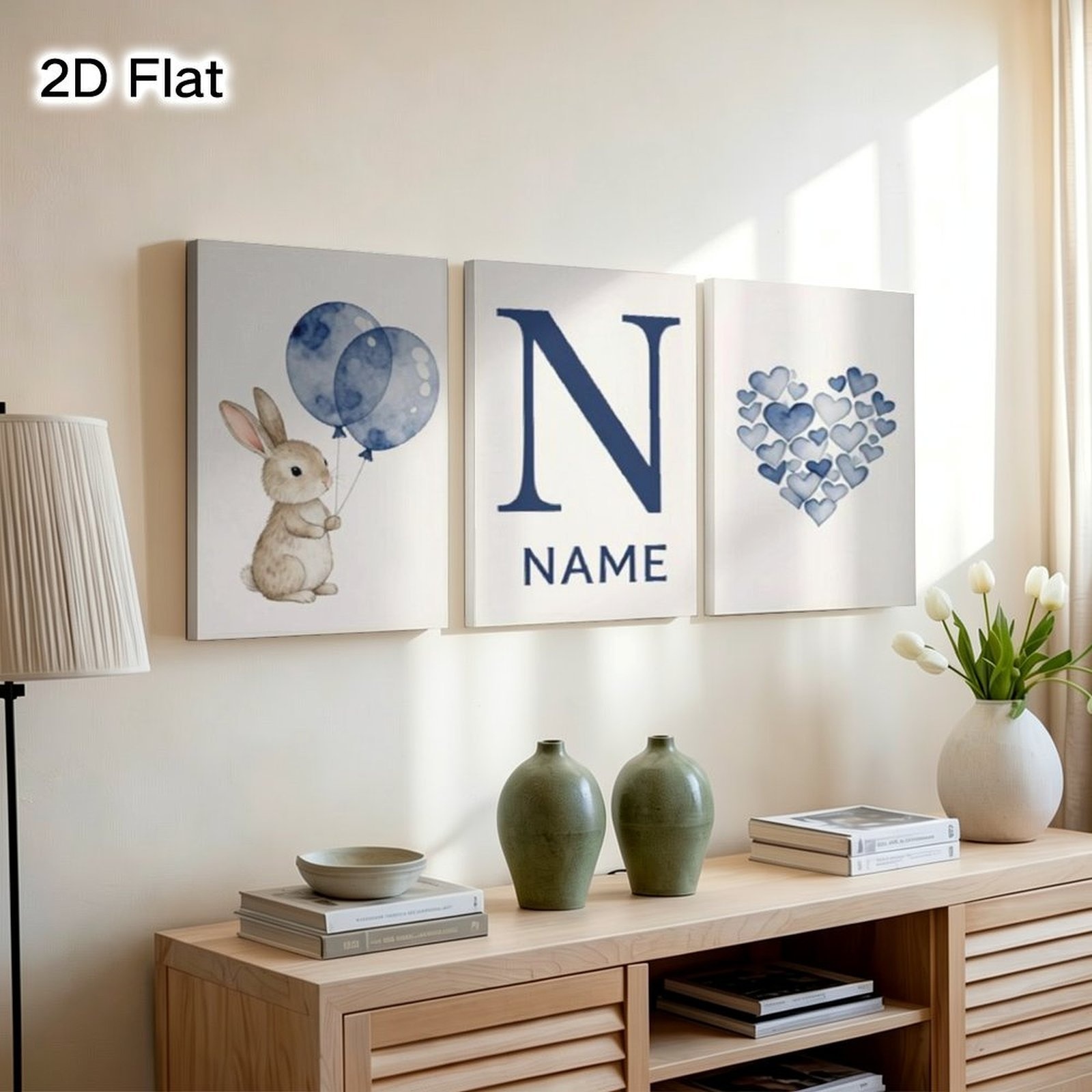 Personalized 3pcs Set Customizable Canvas Poster, Cute Rabbit Art