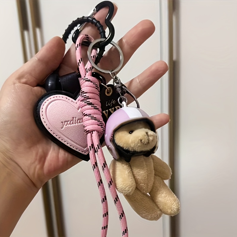 

Cute Helmet Bear Keychain Charm, Diy Leather Pendant With Woven Rope, Personalized Car Key Ring, Bag Accessory, Pink