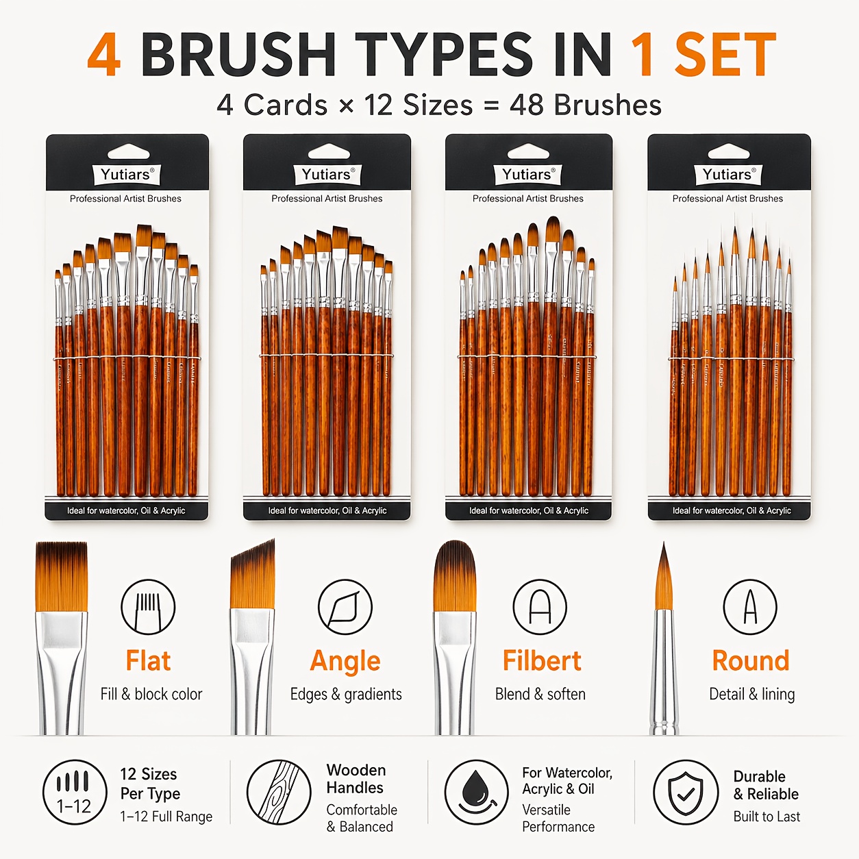TEMU 48pcs Yutiars Professional Paintbrush Set With Gourd Handle & 4 Nylon Tips - Synthetic Bristle Brushes Suitable For Acrylic, Watercolor, Gouache