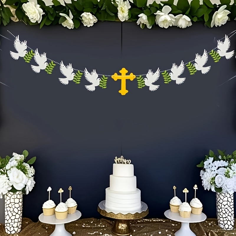 9 piezas de decoración religiosa:   + corona   de   y  , tela de fieltro,  s blancas | para bautismo, primera comunión, boda | no necesita electricidad | decoración colgante elegante para    