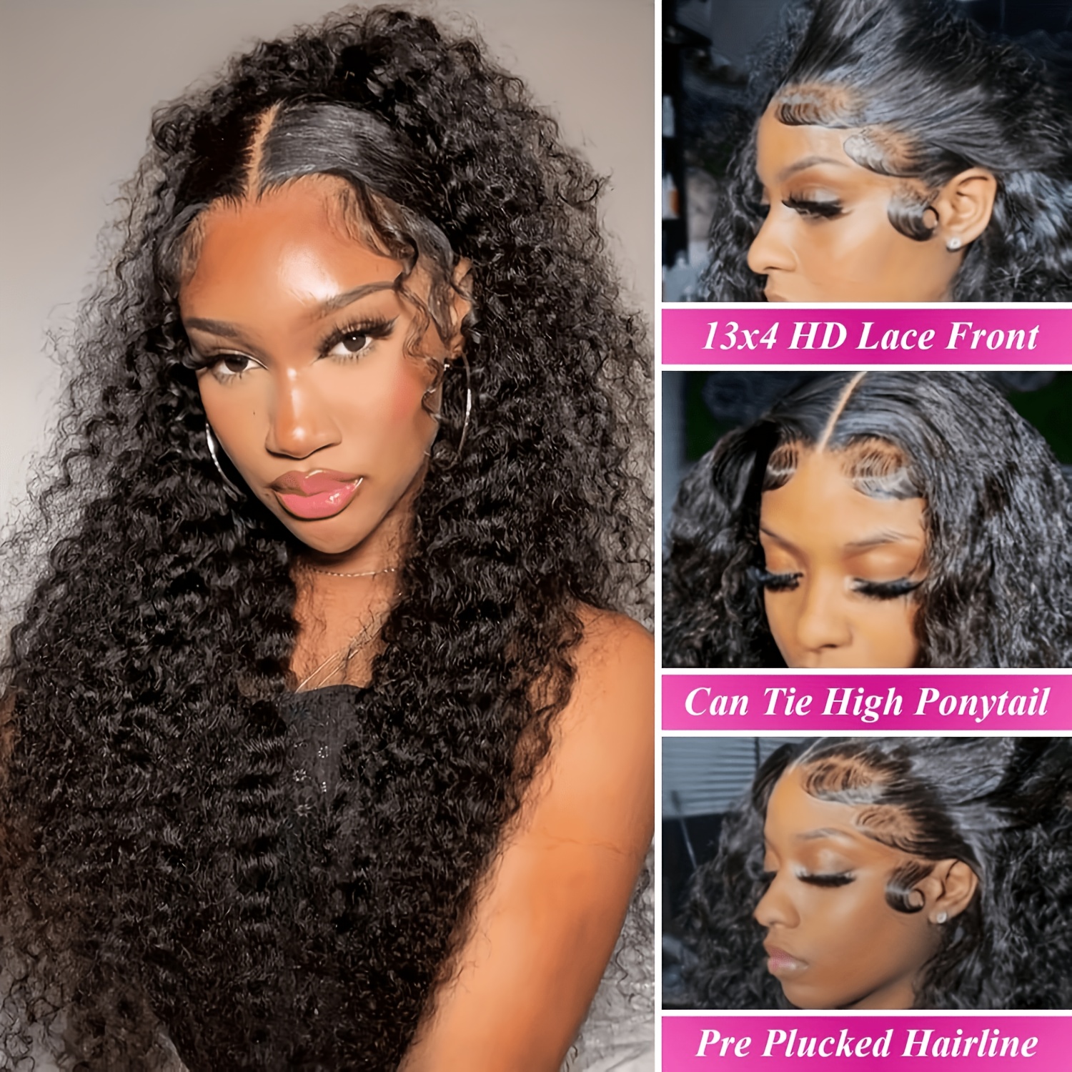 Image of 13x4 Curly Lace Front Wigs 200 Density Deep Wave Wig Black Curly Wig Pre-plucked Glueless Lace Frontal Wigs Deep Curly Long Wigs For Daily Use And Christmas Black Friday
