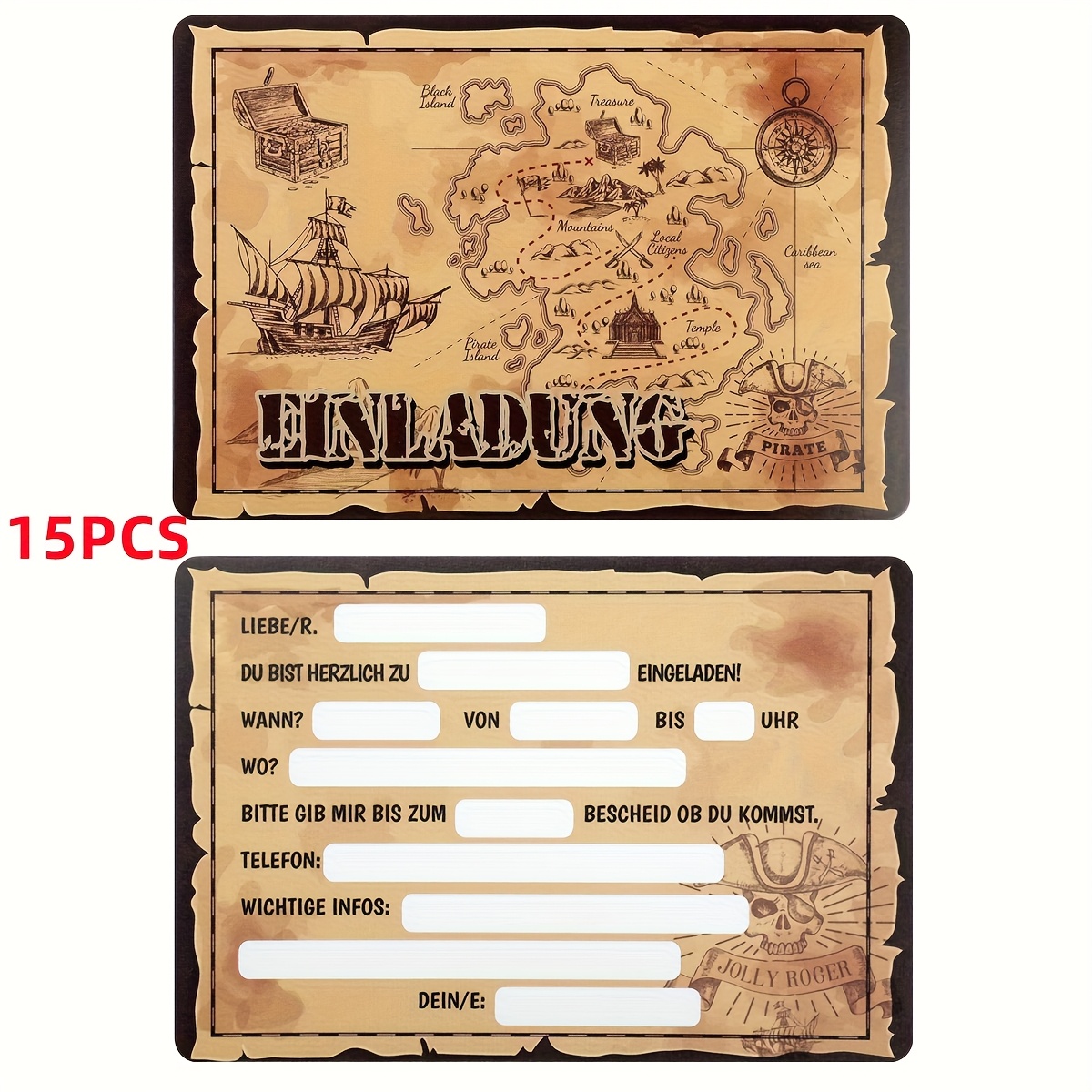 15/30 Treasure-themed Invitation Cards, Pirate Party Invites, Birthday, Party Invitations