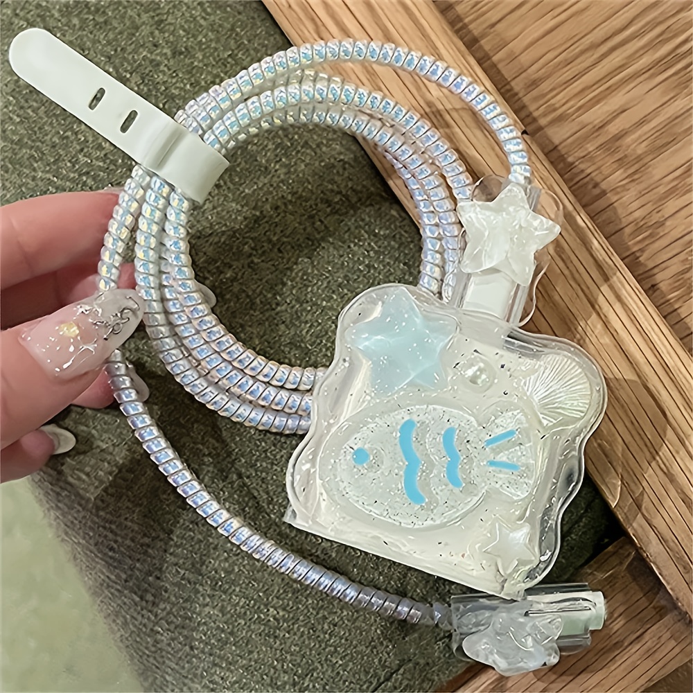 TEMU Cute 3d Themed Tpu Charger Protector For Iphone 20w, 1pc Head Cover And 2pcs Cable Clips And 1pc Protective Rope And 1pc Strap With Decorative