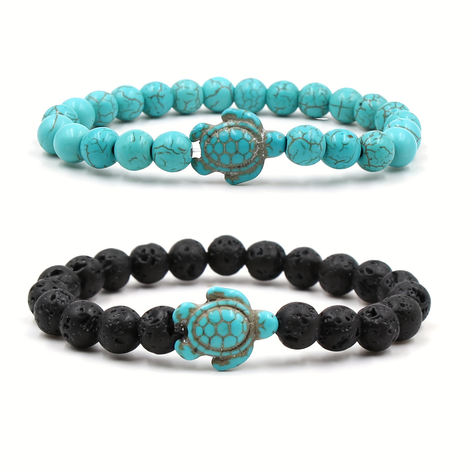 Image of Set Of 2 Ocean Animal Sea Turtle Series Synthetic Turquoise Volcanic Beaded Bracelets