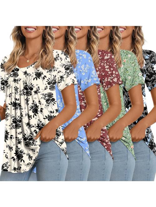 5pcs womens comfortable top set casual loose comfortable blouse round neck ruched short sleeve t shirt