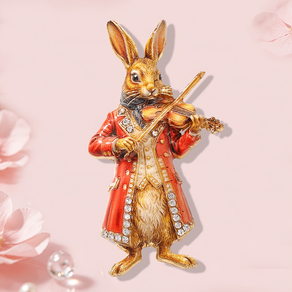 TEMU 1pc Solevdo Vintage Fairy-tale Violin-playing Rabbit Enamel Brooch, Rhinestone-inlaid Gentleman Rabbit Animal Pin, Suitable For Suits, Coats,