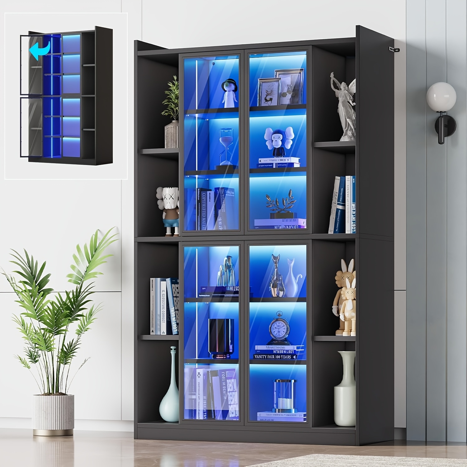 TEMU 71" Display Cabinet With Glass Doors, 6 Tier Tall Bookcase With Led Lights And Adjustable Shelves