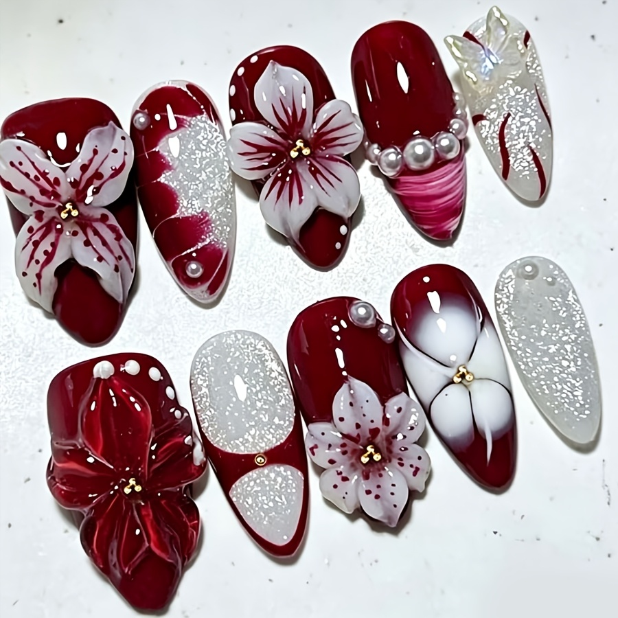 TEMU 10pcs Long/medium Almond Press On Nails Flower Cat Eye Effect Nail With Rhinestone Decor Reusable Glitter Gradient Dark Retro Style Fake Nails