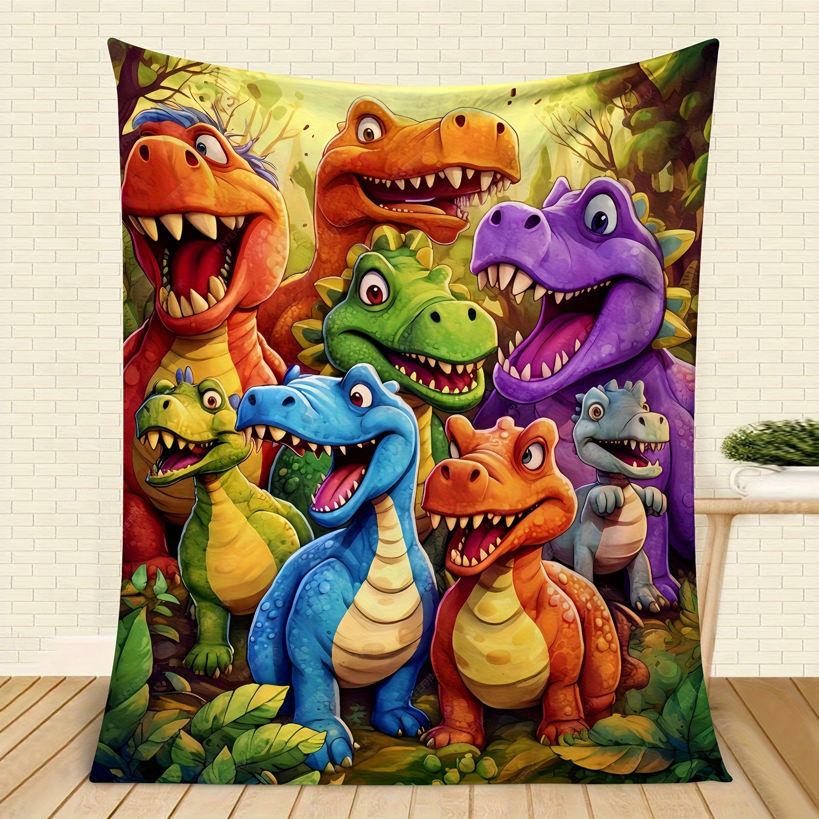 

Cute Smiling Dinosaurs Hd Digital Print Flannel Throw Blanket, Contemporary Animal Theme All-season Cozy Knitted Thermo-regulating Cover, 100% Polyester Lightweight Fabric, Perfect For Napping