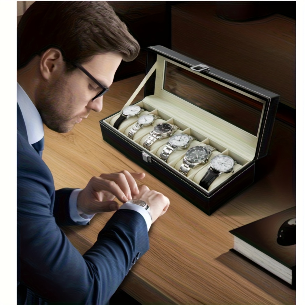 6 slot watch display box storage case with glass lid lockable   organizer cabinet rectangular watch shelf with wood interior for mens womens watch collection for   use Product details 4