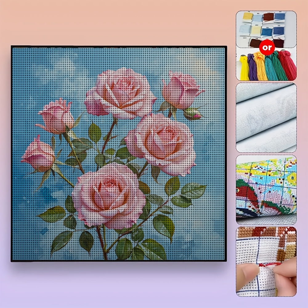 DIY Cross-Stitch Printed Kit, Blue Background with Pink Roses