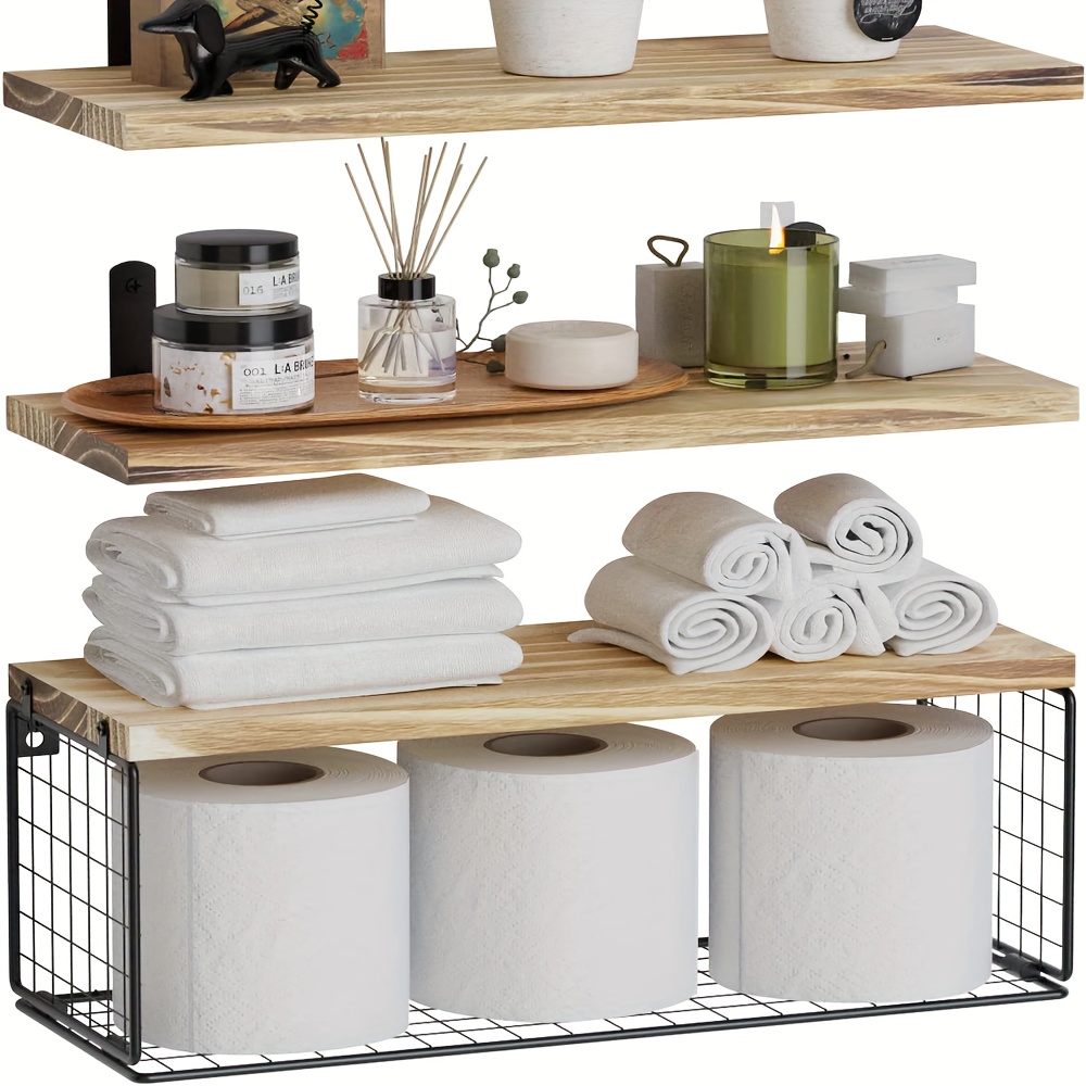 Set Of 4 Chic Floating Bathroom Shelves With Storage Basket - , Space- Over Toilet Design, 23.6x6 Inches - Ideal For Stylish Wall Decor & Organizing Essentials, Bathroom Storage