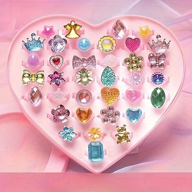 

36pcs Vibrant Set For - Cartoon-themed Rings With Hearts, Stars, & Crowns - Plastic, Fashion- Design - Ideal Holiday Gift In -shaped Box, Jewelry Set|decorative Hair Clips|embellished Ring Design