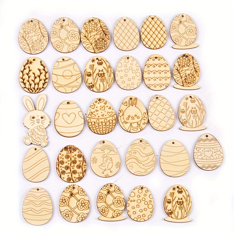 

25pcs Assorted Ornaments, 2-4cm - Diy Paintable Wooden Eggs With Bunny & Chick Designs For Crafts And Home Decor, Easy-to-hang