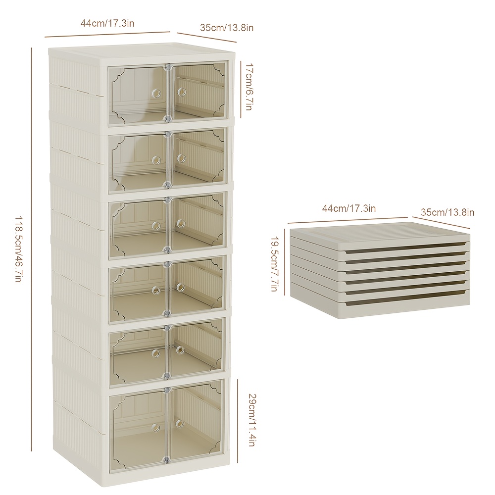 TEMU Pp Collapsible Shoe Box For 12 Pairs, 6 Layers With Transparent Magnetic Doors, Space-saving And Durable Storage Rack For Home Office