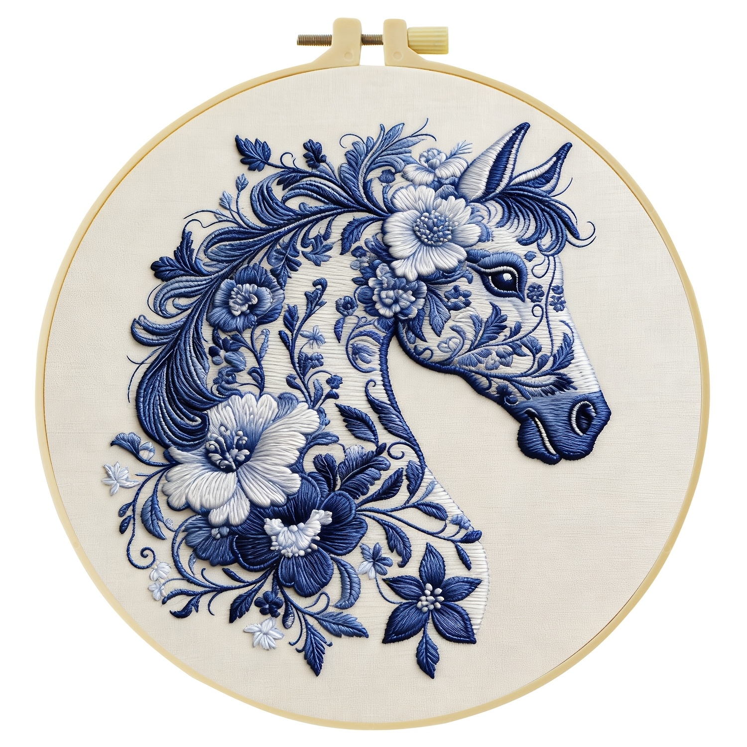 TEMU 1pc Embroidery Kit, 20x20cm/7.9x7.9inch, Classical Blue Floral Pattern With Flowers And Horses, Handmade Embroidery Kit, Suitable For Adult